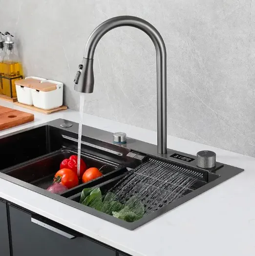 Waterfall-Style Dual-Button Kitchen Faucet